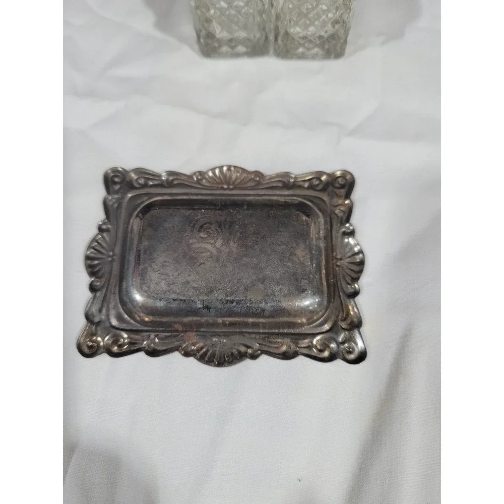Vintage Hong Kong Glass Salt & Pepper Shakers Set w/ Ornate Silver-Plate Tray.